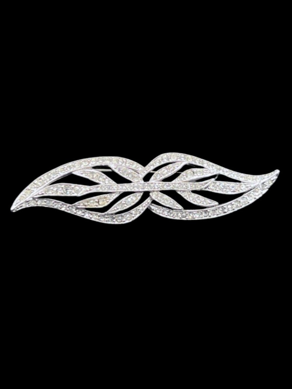 Vintage Midcentury Rhinestone and Silver Metal Leaf or Floral Brooch
